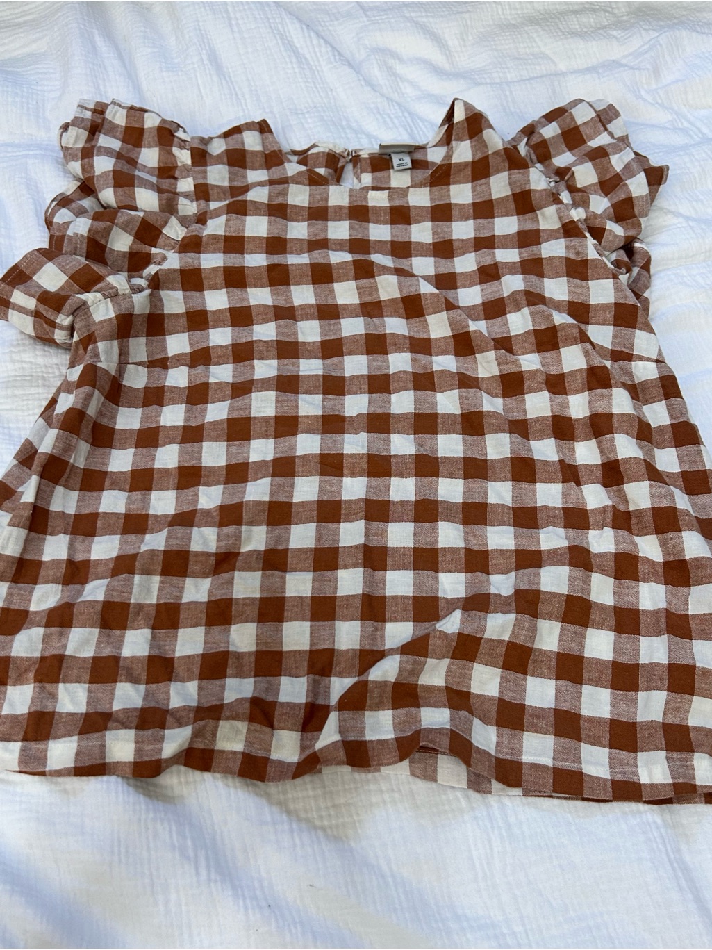 A New Day Brown And White Gingham Ruffle Sleeve Blouse
